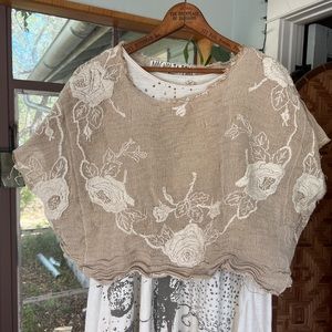 Magnolia Pearl Burlap and embroidered cropped blouse